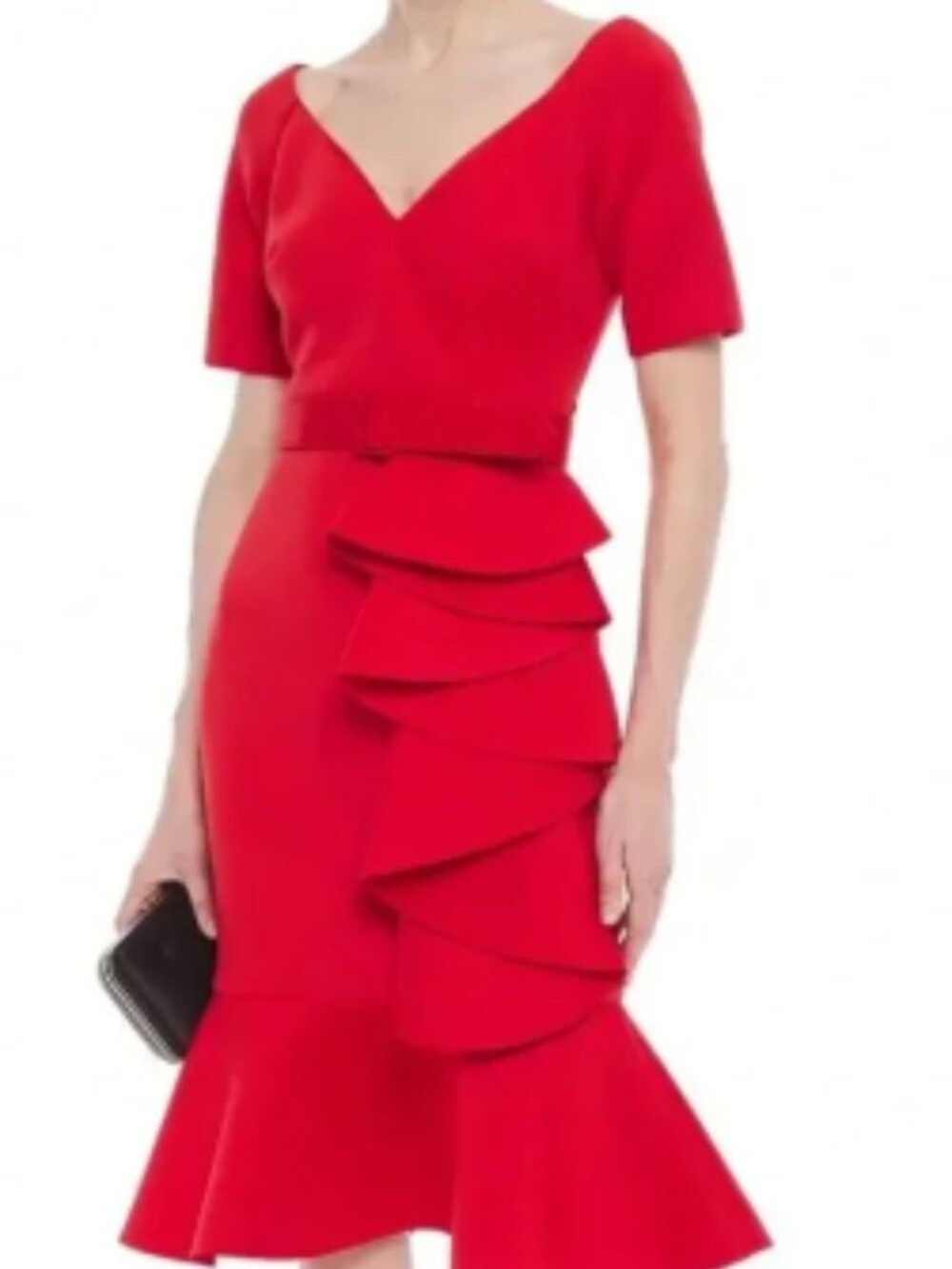 ✨ NWT Badgley Mischka Crimson Red Belted Cascade Ruffle Scuba Dress Size 10✨